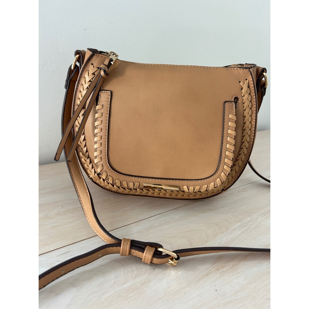 Sole Society Tan Braided Whipstitch Crossbody Leather Saddle Gold Boho
